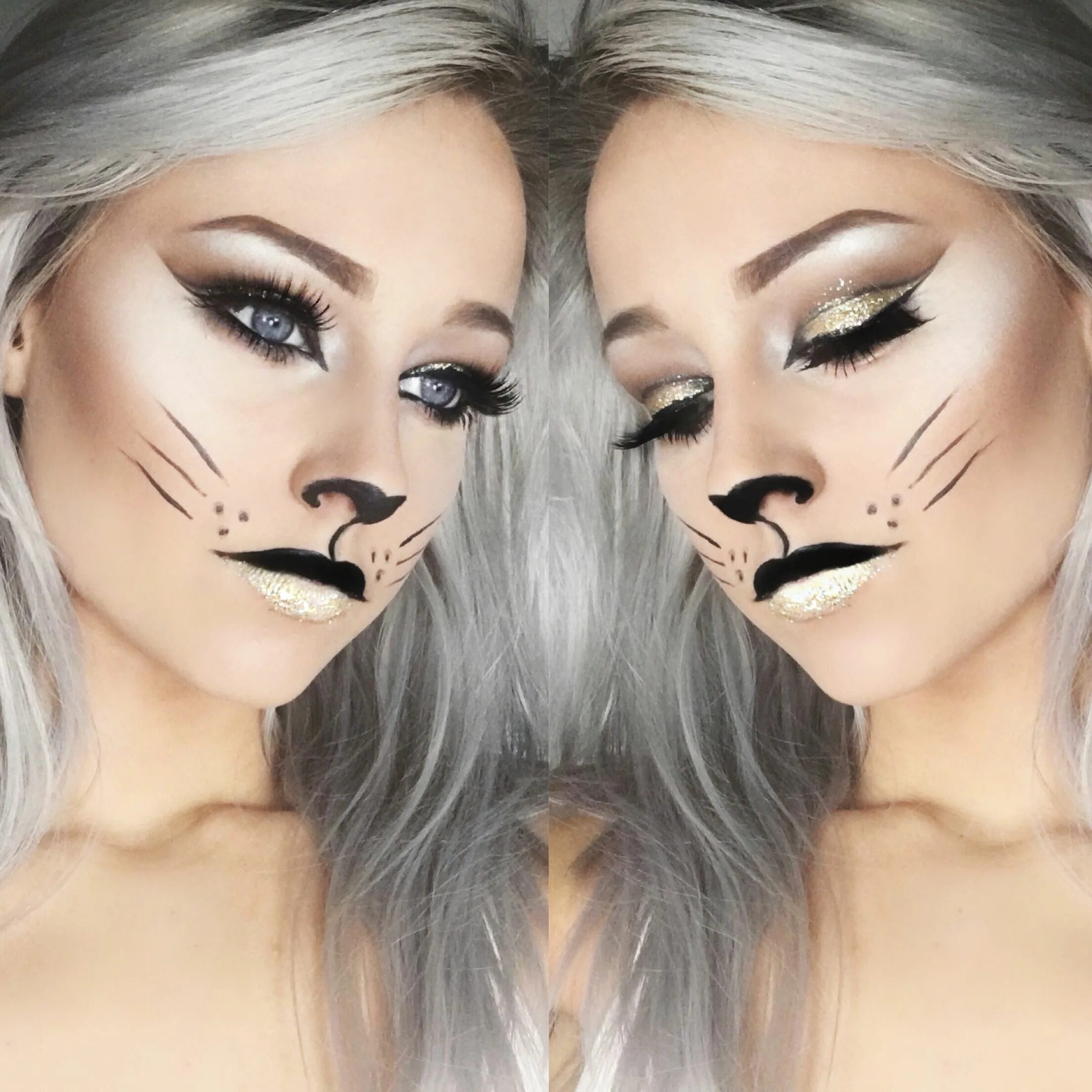 Парные макияжи с подругой легкие и красивые Cat Halloween Makeup Cur Crease Glitter INSTAGRAM: @cammie919 Макияж кошки, Стра