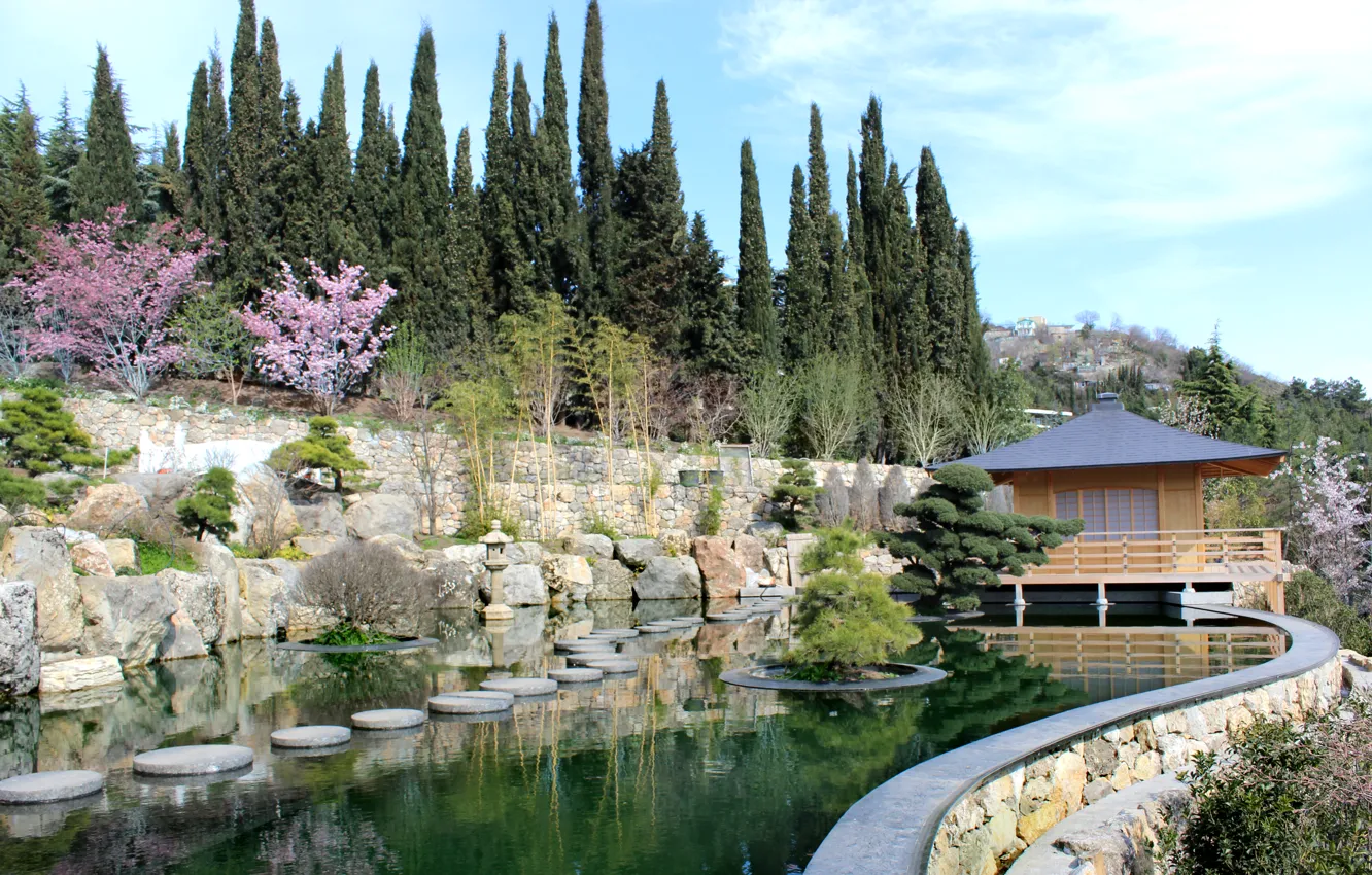 Партенит японский сад фото Wallpaper water, trees, Park, house, Japanese style for mobile and desktop, sect