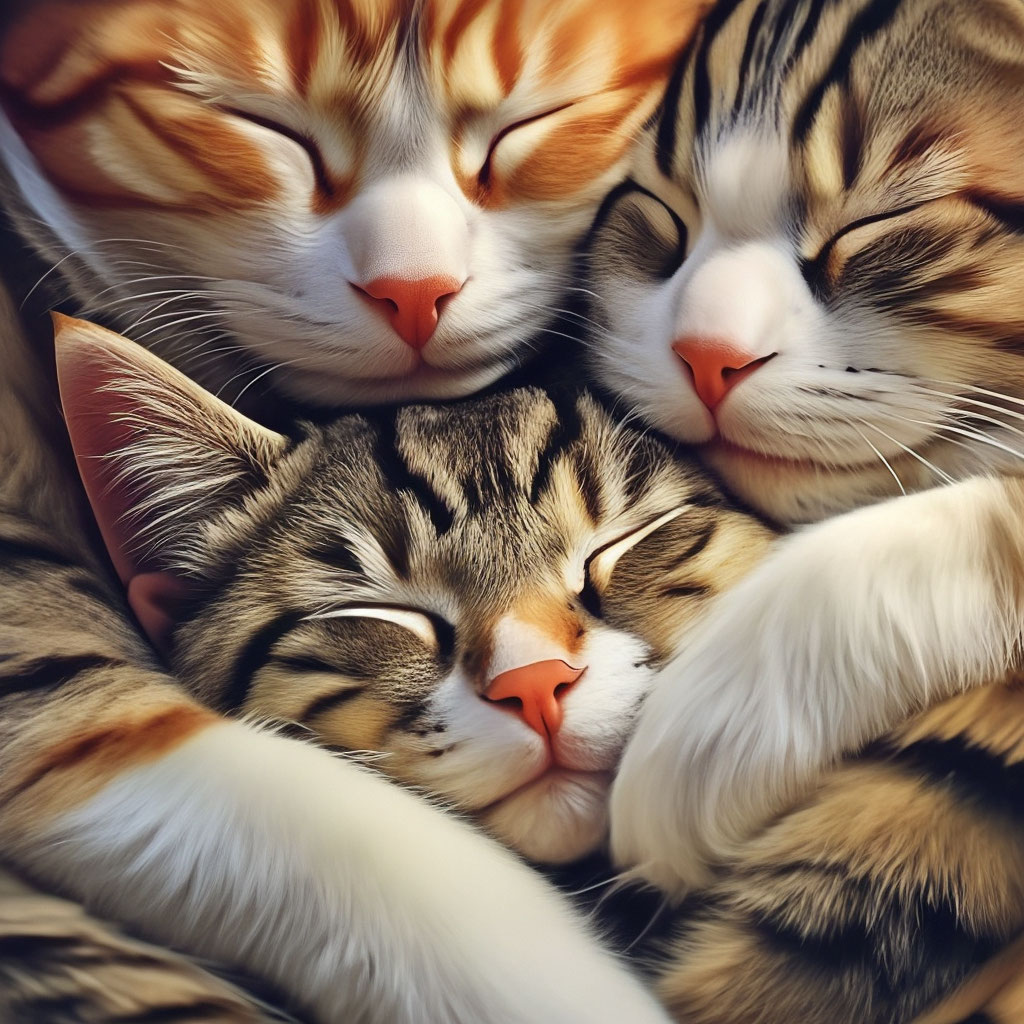 Пару фото котиков "3 cats sleeping together in an ." - image created in Shedevrum