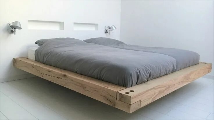 Парящая кровать из дерева фото чертежи tweepersoonsbed eiken balken rustiek stoer robuust Zwevend bed, Slaapkamer, Bed 