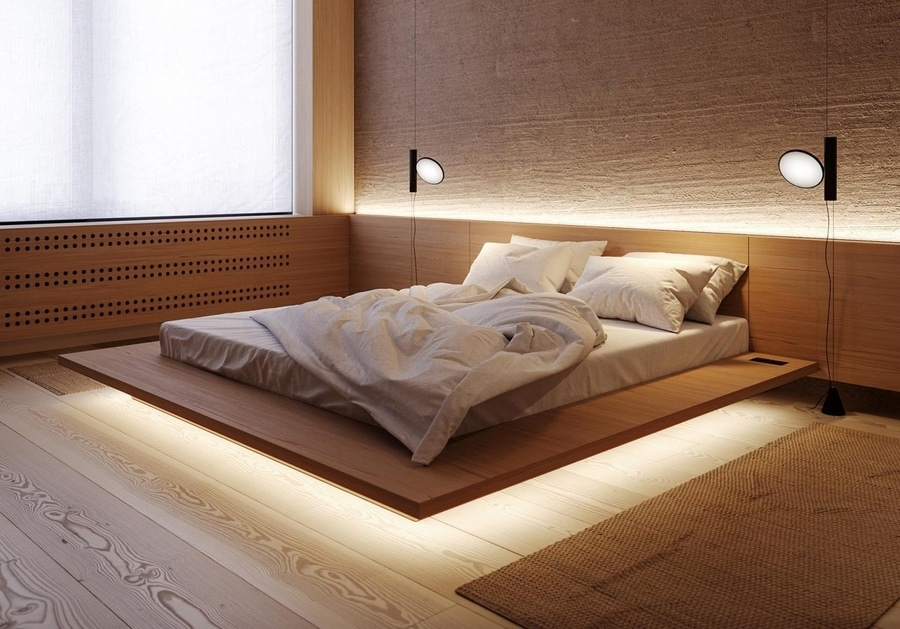 Парящая кровать в интерьере спальни LED Lighting Allows This Bed To Appear As If It’s Floating by OBRIY.architectsAr