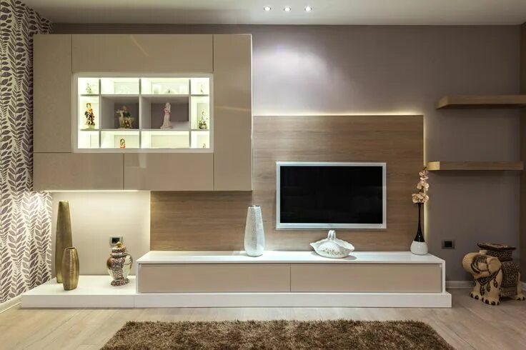 Парящие гостиные фото A gorgeous unique wall entertainment center with floating shelving storage with 