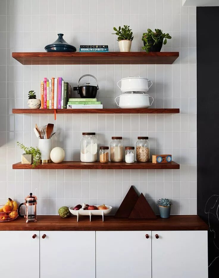 Парящие полки на кухне фото в интерьере Once Generic, Now Family Friendly (Published 2018) Wood storage shelves, Floatin