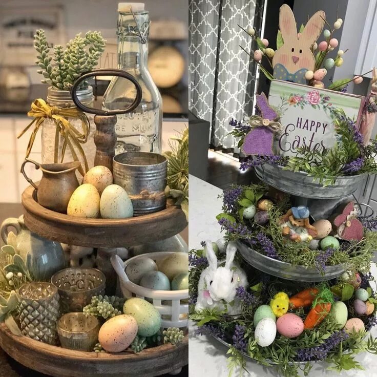Пасхальный декор для дома Easter tier trays Spring easter decor, Easter centerpieces, Farmhouse easter dec