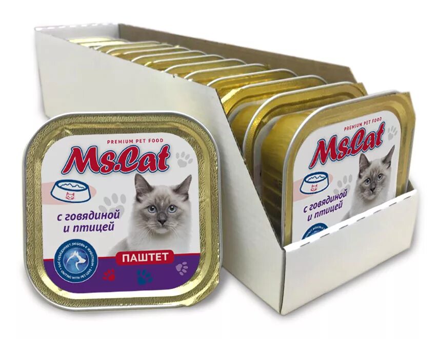 Паштет для котят фото Купить консервы для кошек Ms. Cat, паштет с говядиной и птицей, 15шт по 100г, це