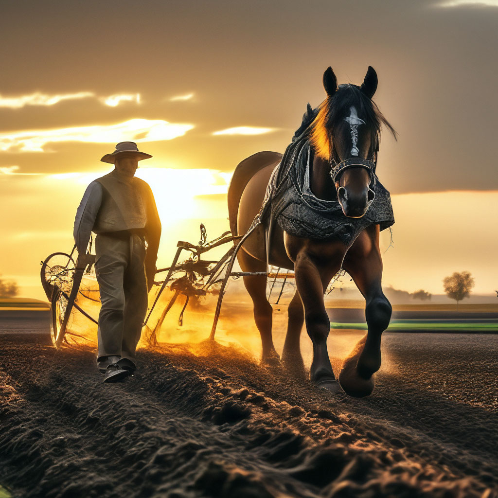 Пашущая лошадь фото "A horse harnessed to a plow is ." - image created in Shedevrum