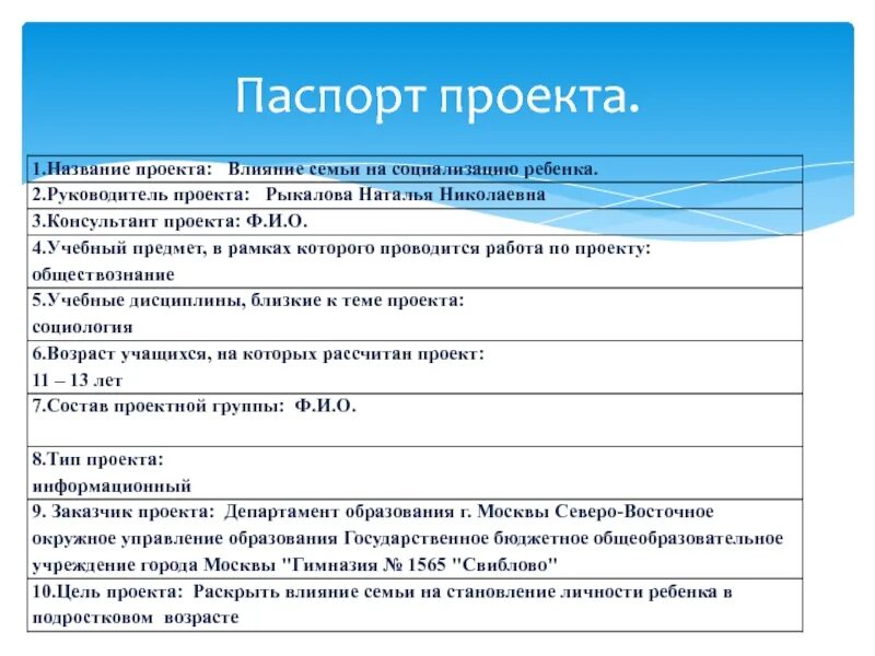 Паспорт проекта фото Анкета сфера деятельности