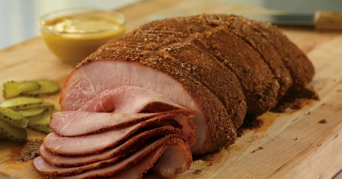 Пастрома из свинины фото Smoked Pork Leg Pastrami with Sweet and Spicy Mustard BBQ Sauce Recipe Yummly