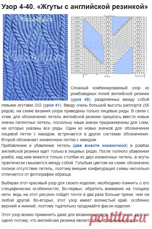 Патентные узоры спицами схемы и описание Узор 'Жгуты с английской резинкой' Viazanka.ru вязание спицами УЗОРЫ Постила