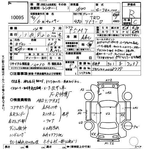 Перевод аукционного листа по фото онлайн TOYOTA CHASER JZX100. Перевод аукционного листа USS Osaka Лот № 10095