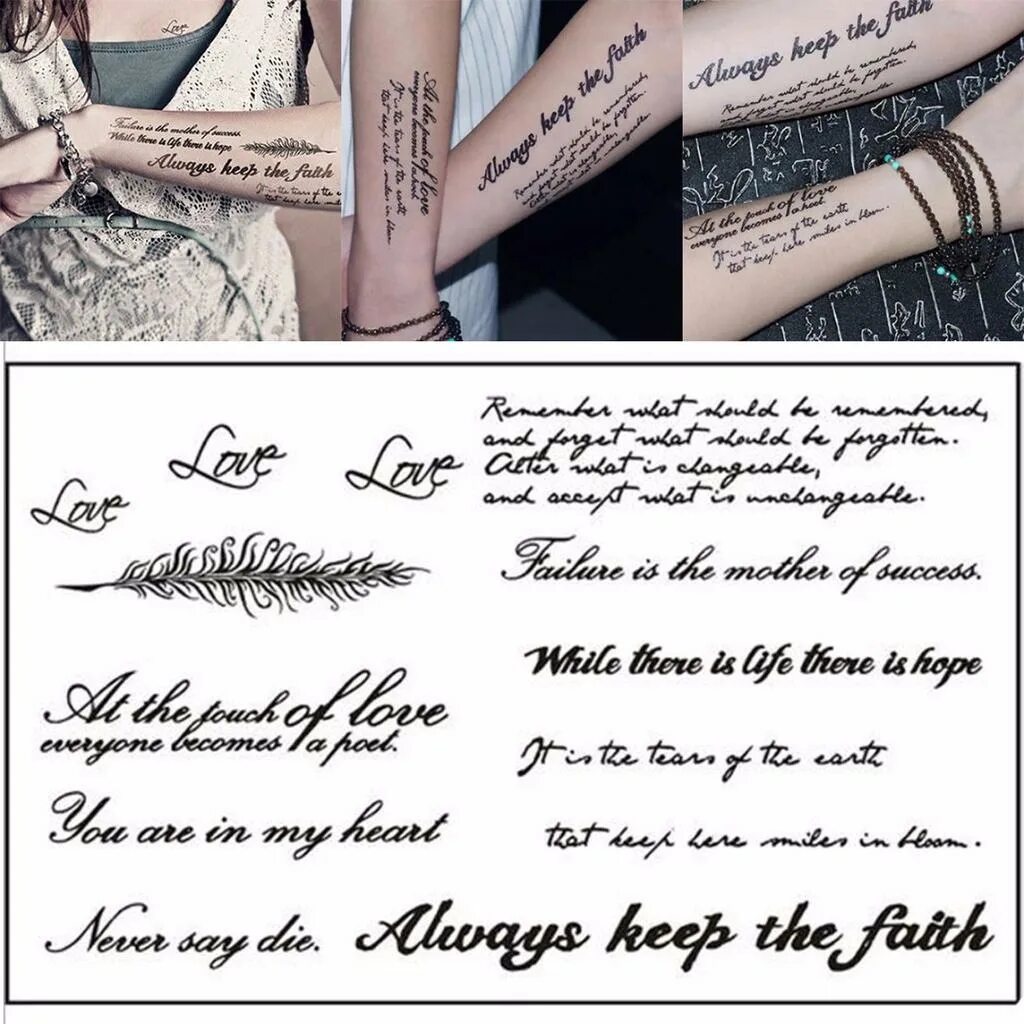 Перевод тату по фото Waterproof Temporary English Word Letters Feather Body Art Tattoos Sticker купит