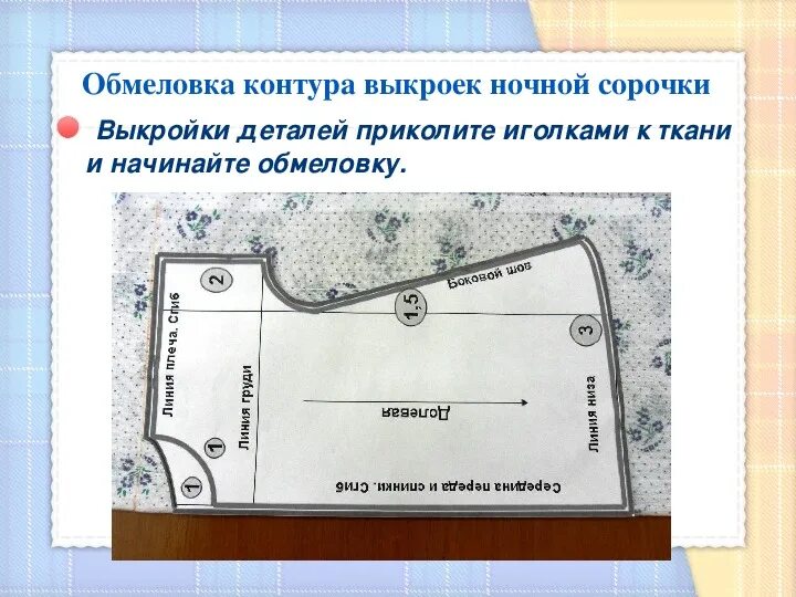 Перевод выкройки на ткань осуществляется при помощи Презентация по технологии "Раскрой плечевого изделия" 6 класс