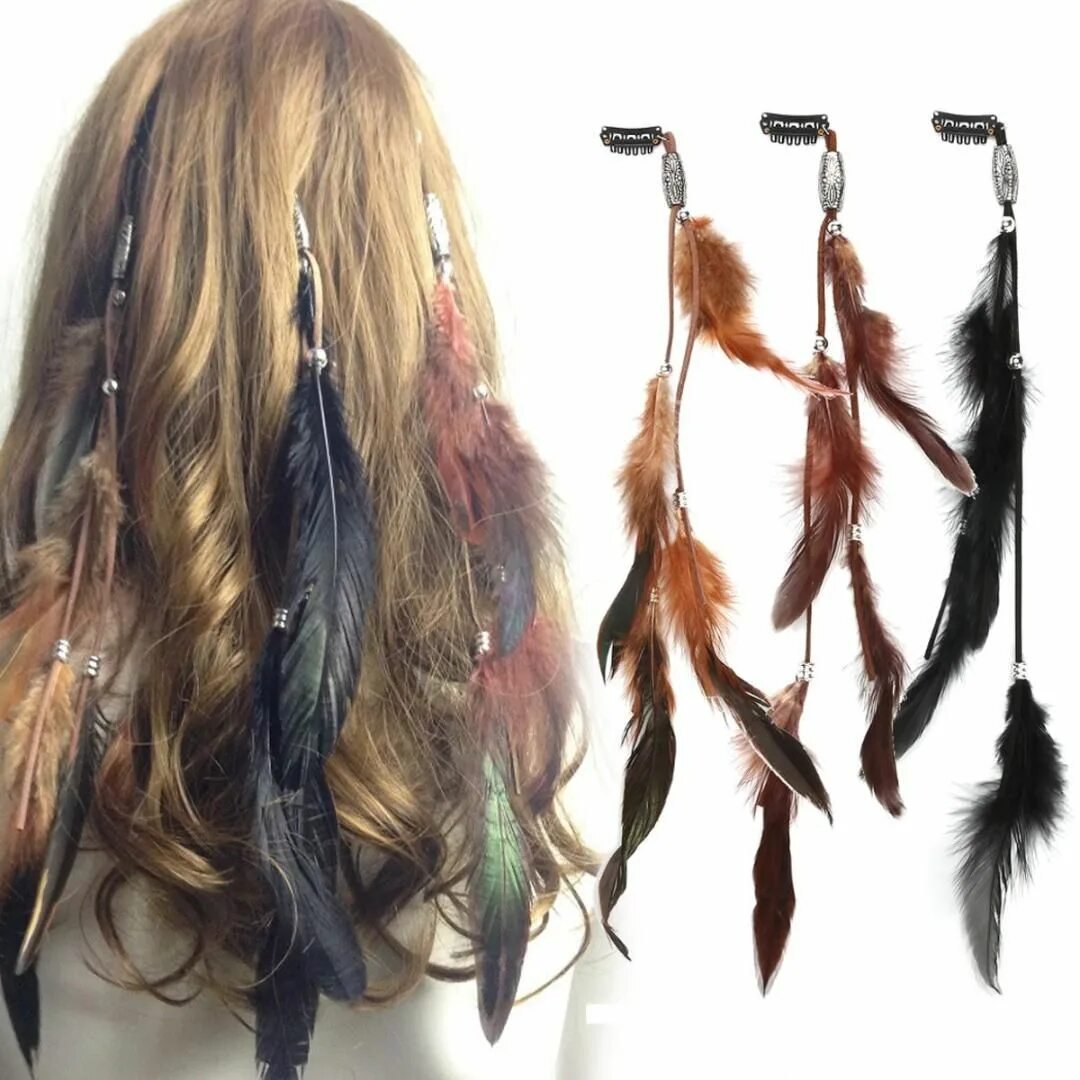 Перо в женской прическе 5 set Women Feather Hairband Hair Comb Clips Boho Headband Headpiece Bohemian Tass