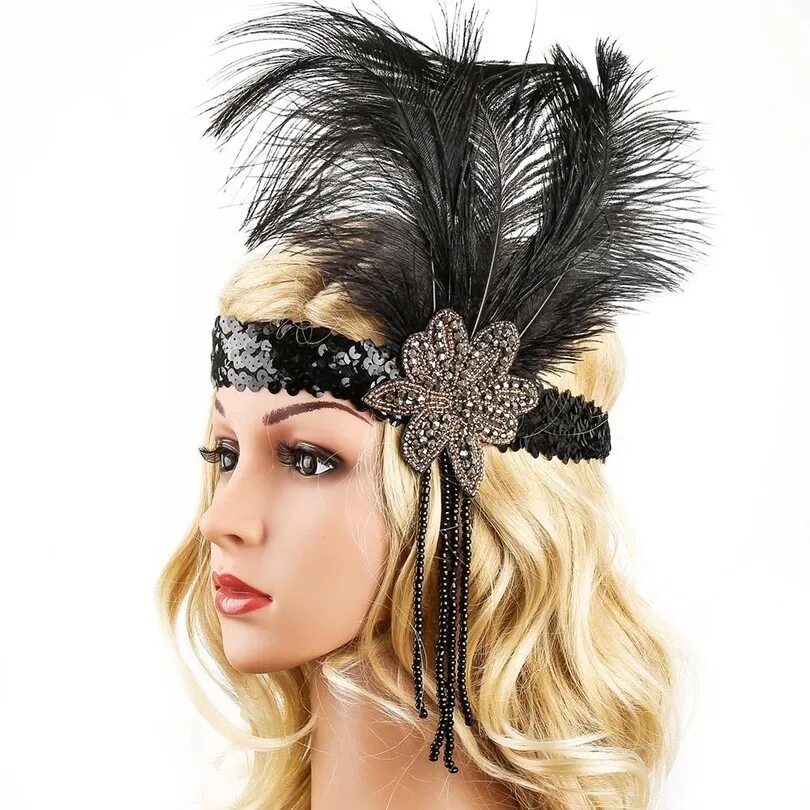 Перо в женской прическе 5 букв Great Gatsby Headpiece Vintage 1920s Feather Headband Tassels Sequin Charleston 