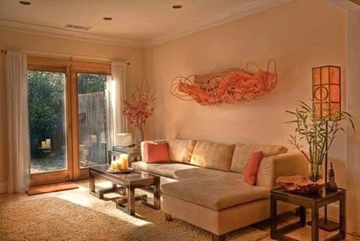 Персиковый обои в интерьере фото Image result for peach living room walls monochromatic Peach living rooms, Comfy