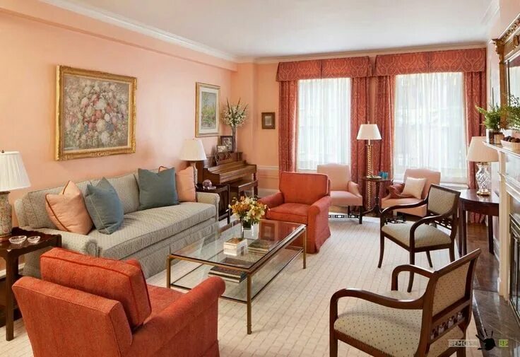Персиковый цвет в интерьере гостиной фото Pin by Maria on дом Living room new york, Traditional living room, Traditional l