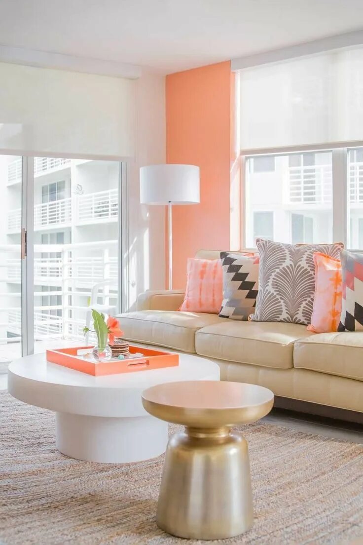 Персиковый цвет в интерьере гостиной фото Contemporary living room with a neutral colour scheme and pale coral accents Pin