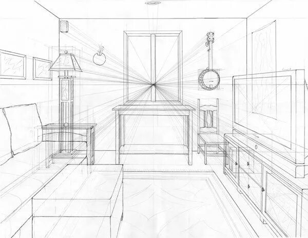 Перспектива дизайн интерьера Room Perspective Drawing with Couches and Tables