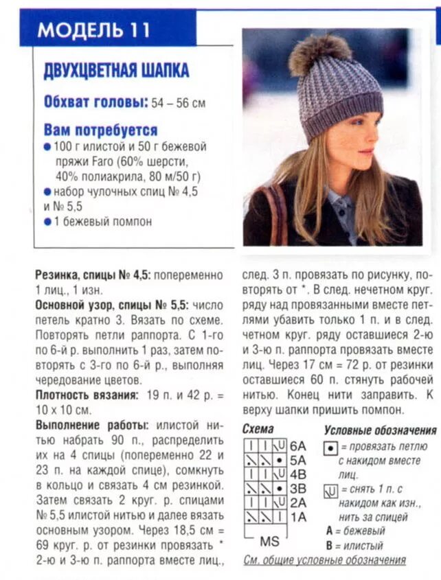 Перуанская шапка схема вязания спицами Мир хобби: Двухцветная шапочка с бумбоном (вязание спицами) Вязаные шапки, Вязан