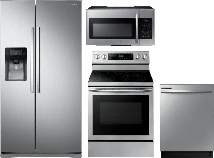 Первая техника самсунг фото Samsung 4 Piece Kitchen Appliances Package with Side-by-Side Refrigerator, Elect