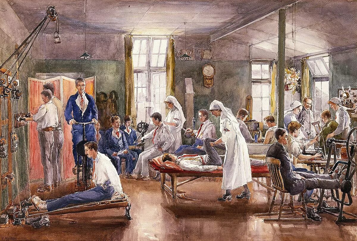 Первый медицинский фото Файл:Physical therapy at Bath War Hospital. Watercolour by E. Wellcome V0017313.