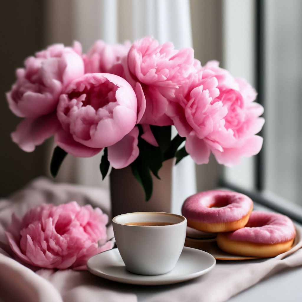 Пионы доброе утро фото "Good pink morning, pink donut coffee." - image created in Shedevrum