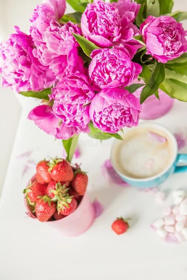 Пионы доброе утро фото Gentle Flowers are Pink Peonies, Coffee with Fluffy White Milk Foam and Strawber