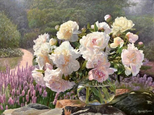 Пионы фото картины Peonies in a lavender garden by Zbigniew Kopania Flower painting, Flower art, Fl