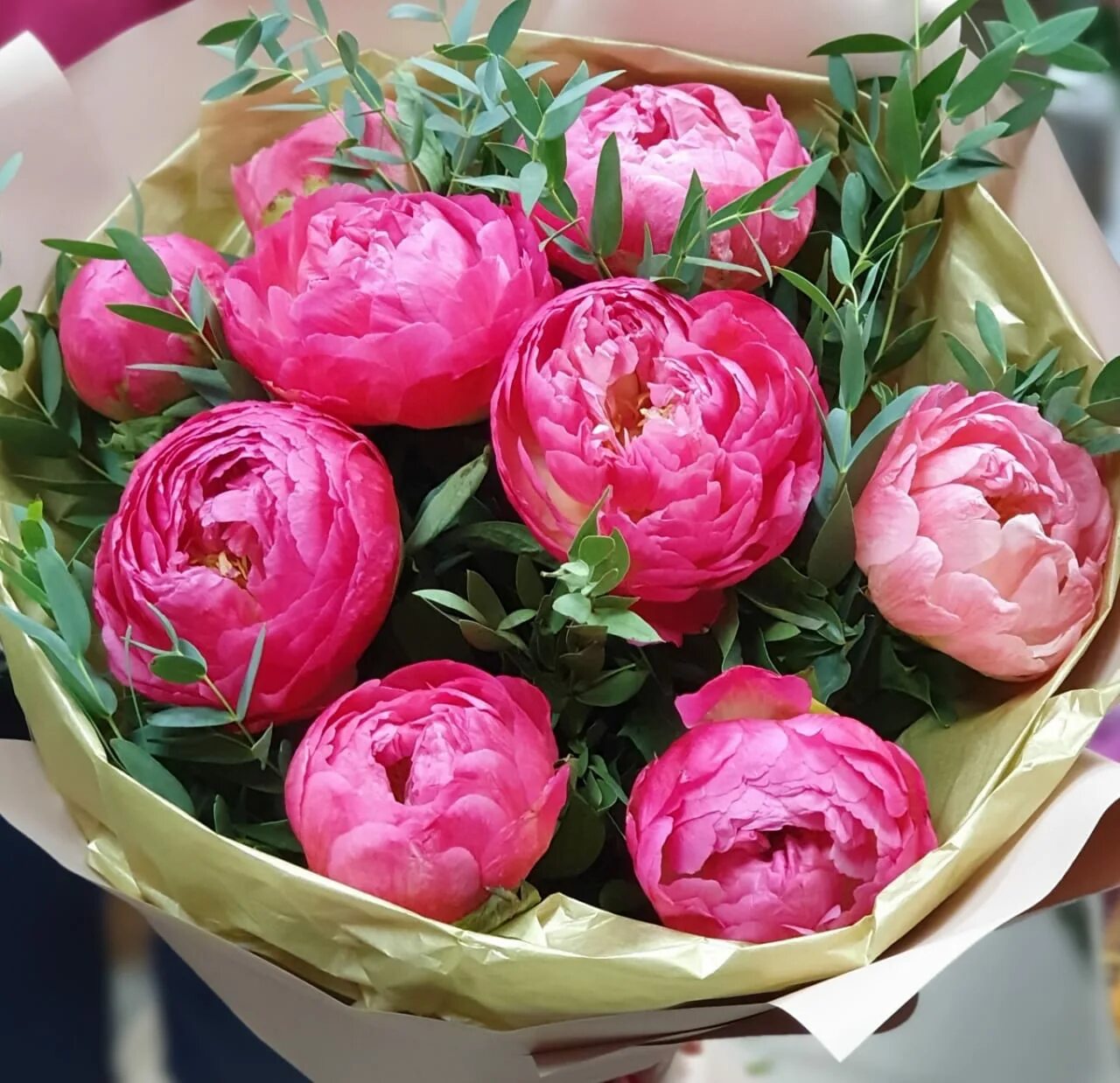 Пионы где купить и фото Букет из 9 свежих пионов с зеленью