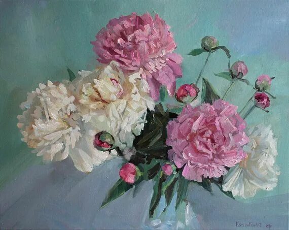 Пионы пастелью фото Bouquet of Bright and Light Pink Peonies Peony Original Oil - Etsy Flower painti
