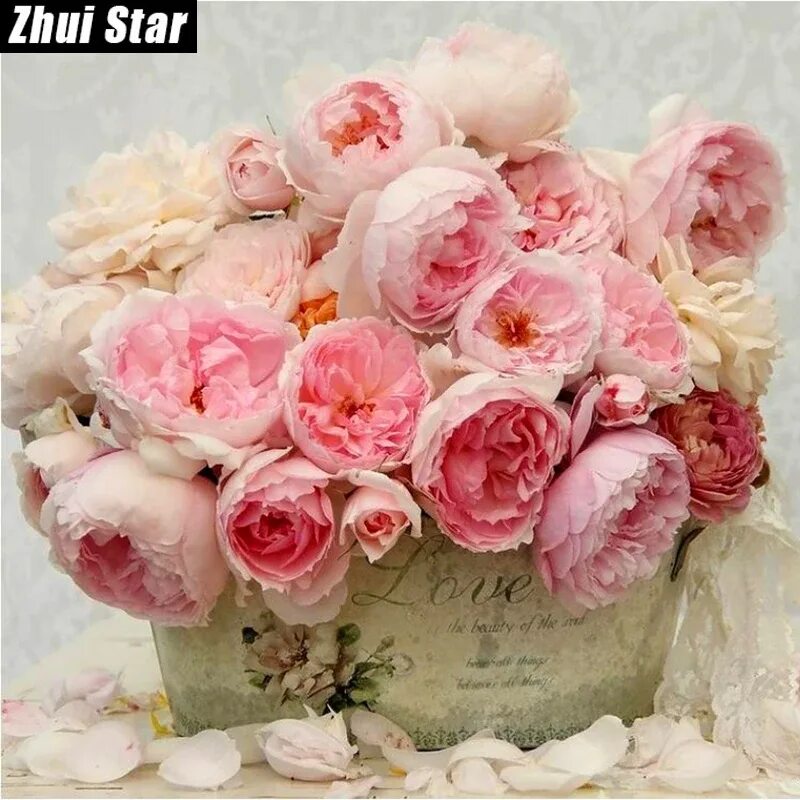 Пионы поздравление с днем рождения фото Zhui yıldız tam kare elmas 5D DIY elmas boyama "pembe gül çiçek" 3D nakış çapraz