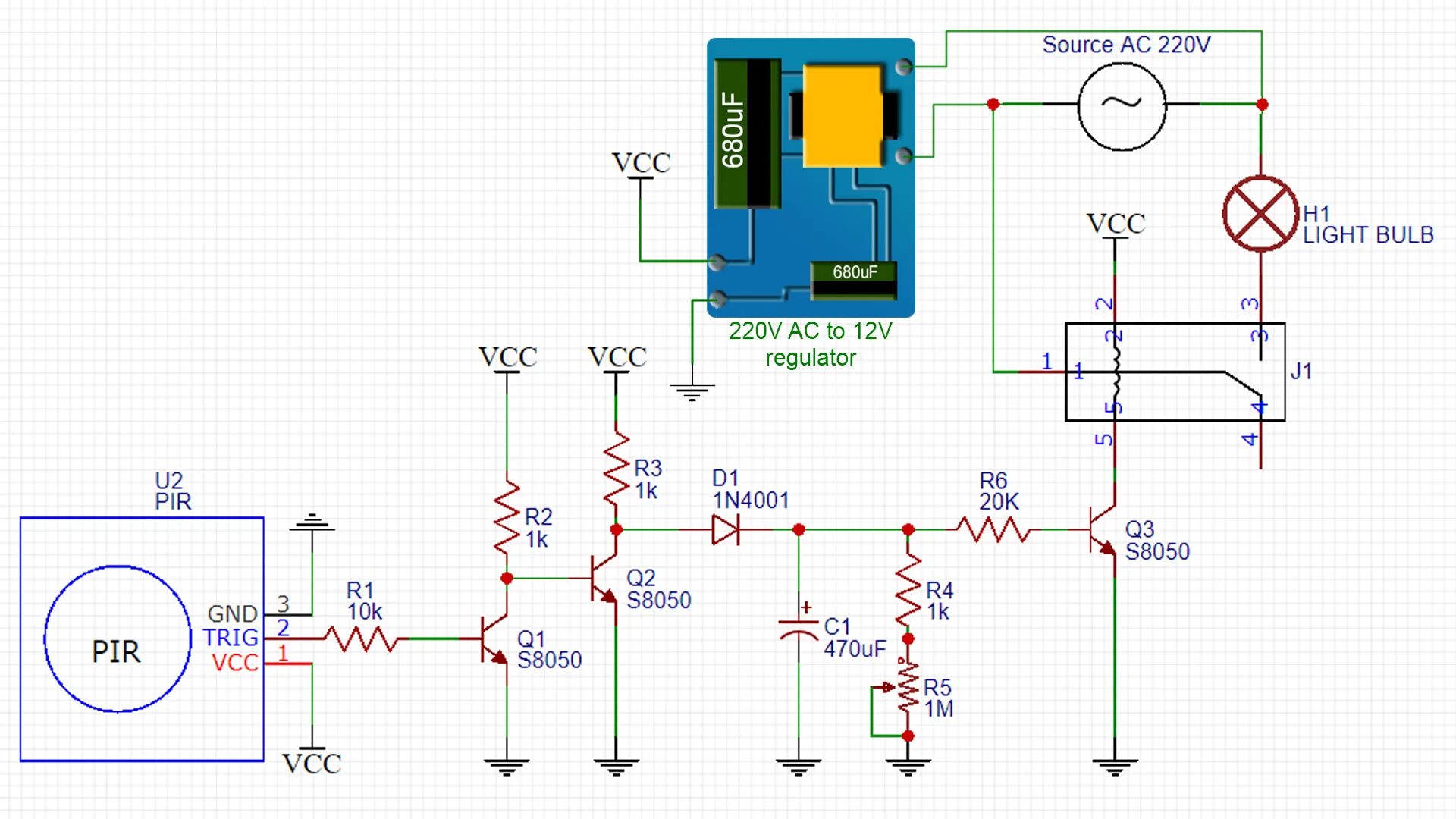 Пир датчик подключение PIR homemade swich with delay for 220V AC schematic
