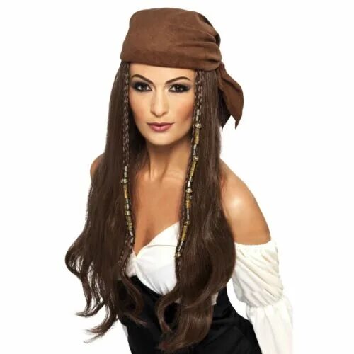 Пиратская прическа для девочки Adult Ladies Pirate Caribbean Princess Wig Bandana Beads Fancy Dress Accessory e