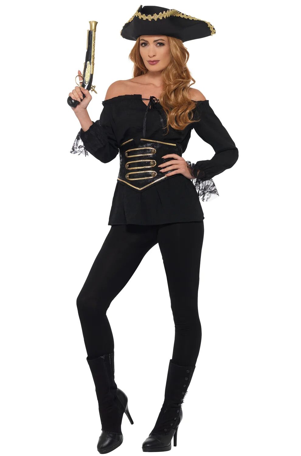 Пиратский стиль женский Deluxe Pirate Shirt Adult Costume (Black) - PureCostumes.com