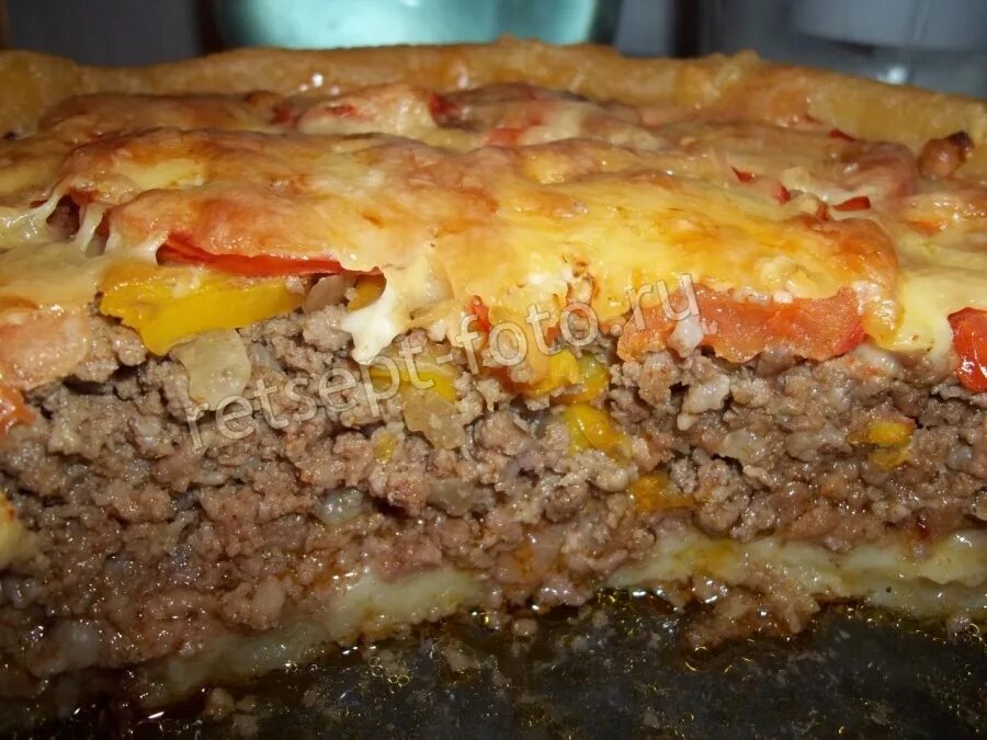 Пирог из фарша в духовке фото Сытный картофельный пирог с фаршем