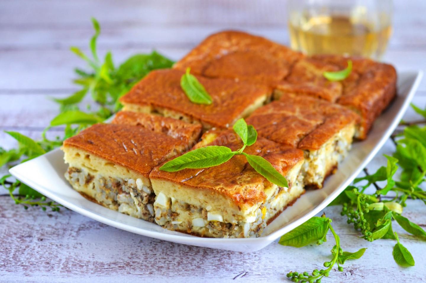 Пирог с консервой с фото Заливной рыбный пирог с рисом - Заливной пирог с рисом и рыбными консервами реце