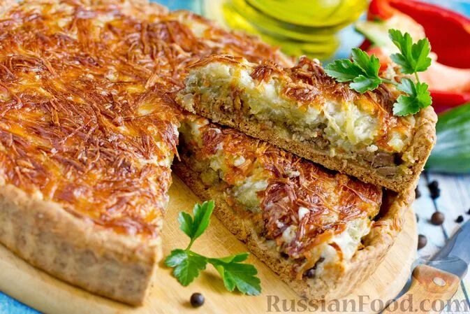 Пирог с куриной печенью фото Рецепт: Пирог с печенью, картофелем и сыром на RussianFood.com