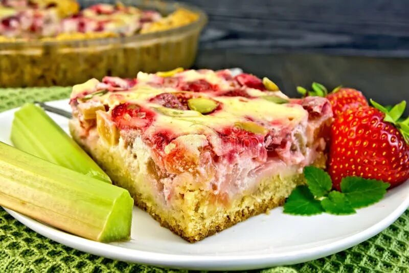 Пирог с ревенем фото Pie Strawberry Rhubarb Sour Cream Green Napkin Stock Photos - Free & Royalty-Fre