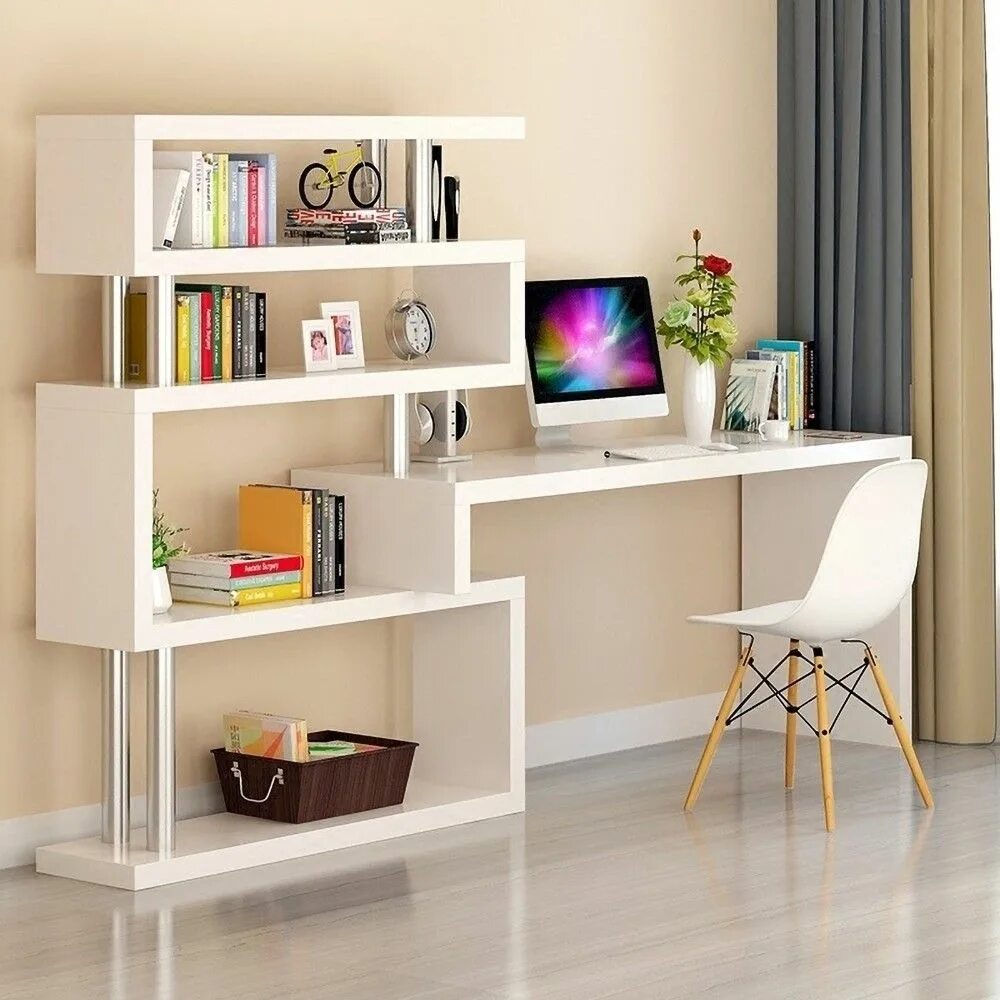 Письменный стол с полкой фото Modern White L-Shaped Desk Writing Desk with Storage Shelves White l shaped desk