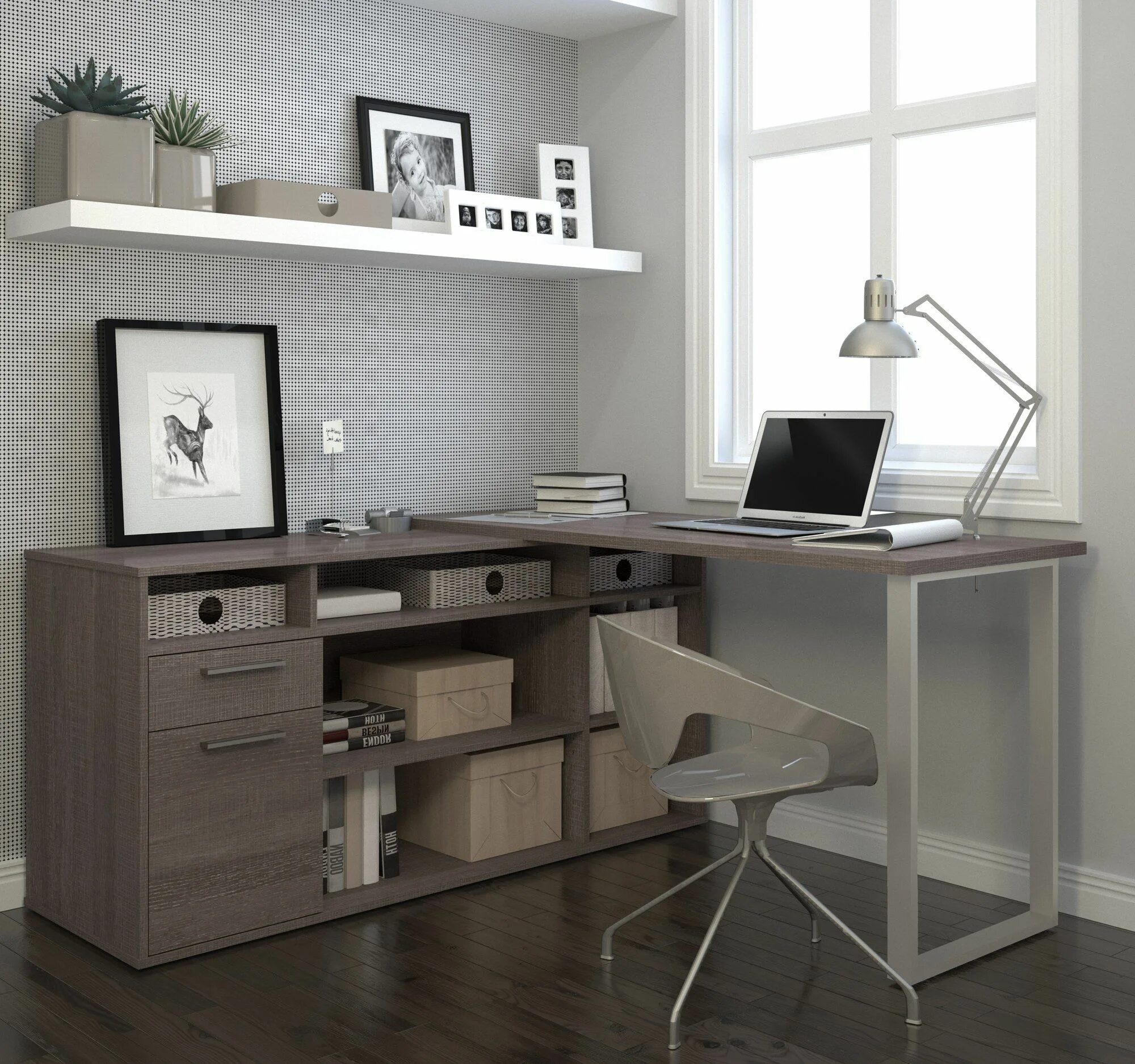 Письменный стол в комнату фото Modern L-shaped Desk with Integrated Storage in Bark Gray Home office design, Ho