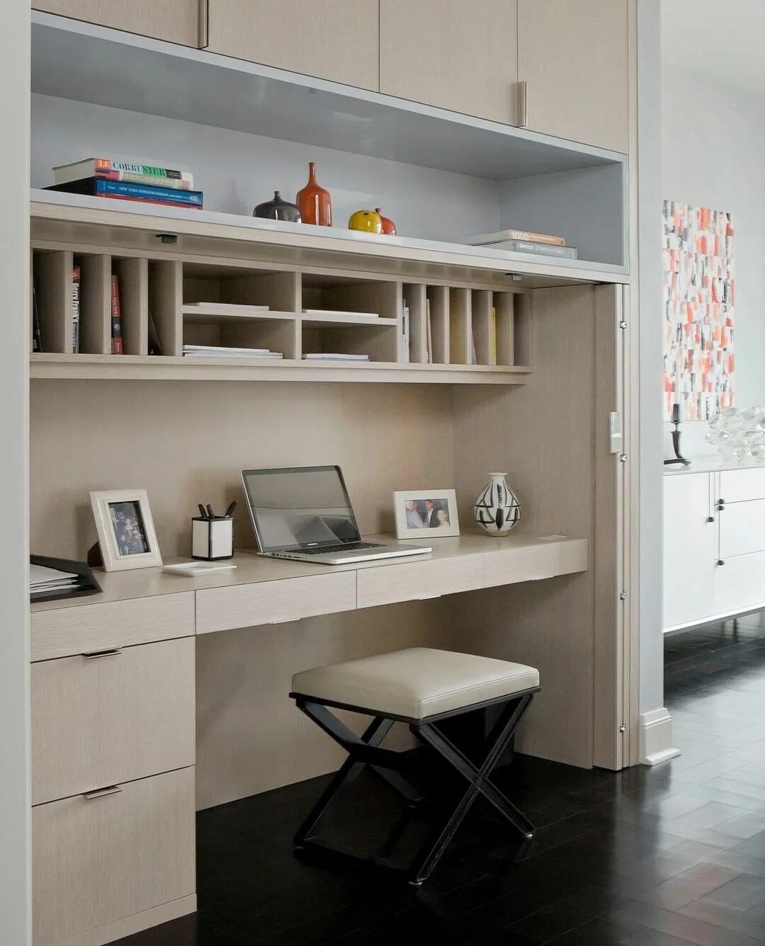 Письменный стол в шкафу фото This compact #wfh arrangement is completely hidden behind cabinet doors once the