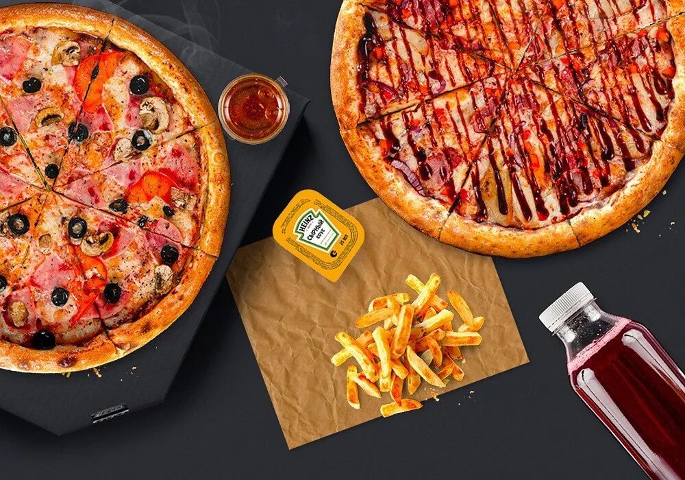 Пицца фри фото A delicious dinner for two (2 pizzas, potatoes, sauce, butter, morse) will get o