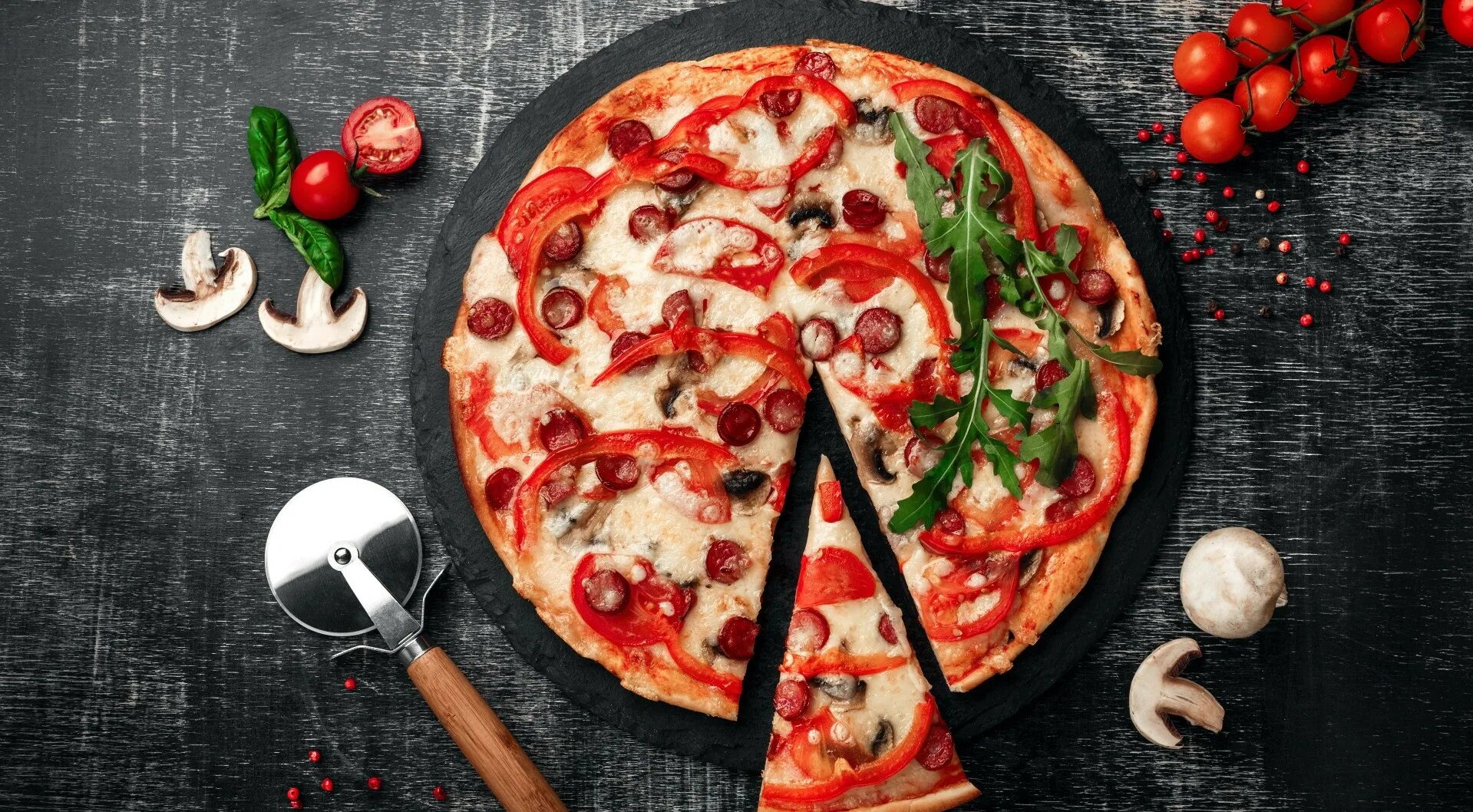 Пицца фуд фото Wallpaper : food, pizza, tomatoes 1919x1058 - WallpaperManiac - 1618755 - HD Wal