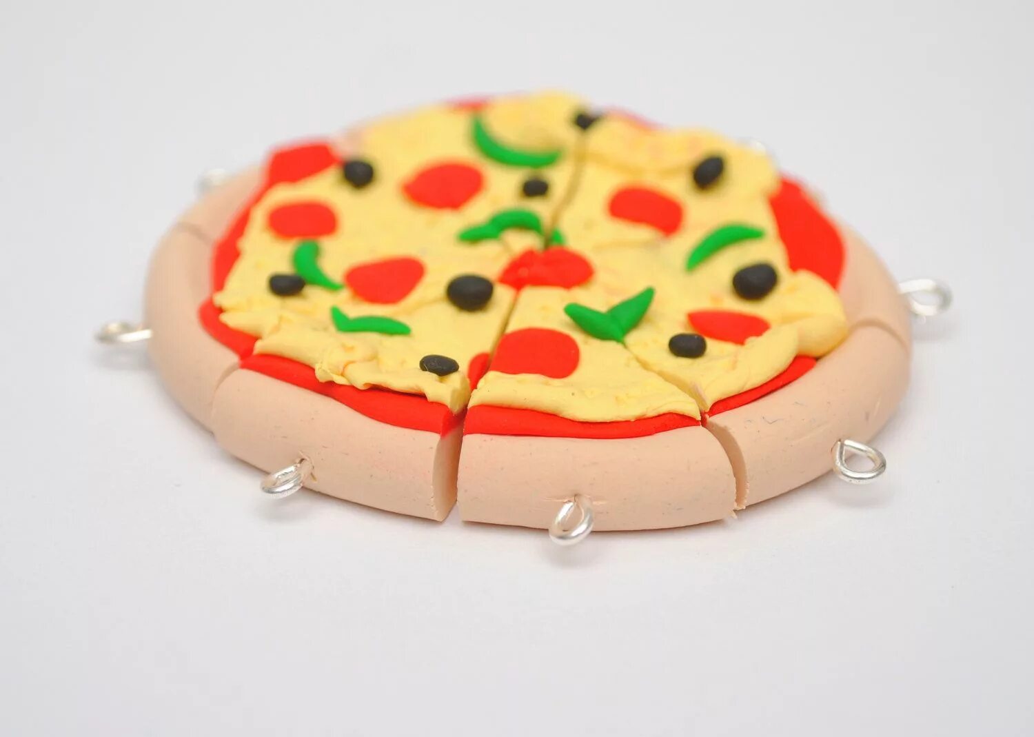 Пицца из воздушного пластилина фото Handmade Polymer Clay Charm Pizza Set of 7 with Four Toppings. $9.50, via Etsy. 