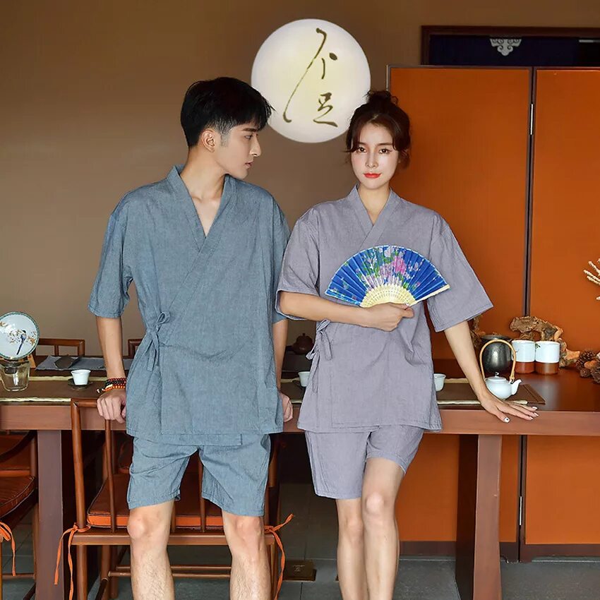 Пижама в японском стиле мужская Japanese Style Yukata for Adult Couple's Clothing Woman Kimono Cotton Short V-ne