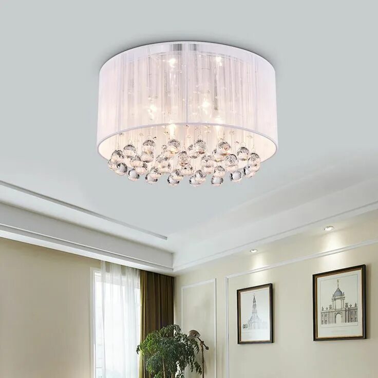 Плафоны на потолки фото Edvivi Belle 4-Light Chrome Flush Mount with White Threaded Drum Shade and Clear