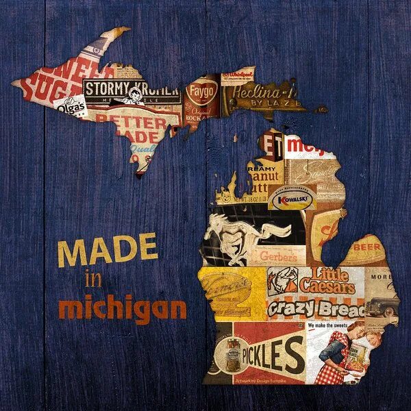 Плакаты самодельные Made in Michigan Products Vintage Map on Wood Art Print by Design Turnpike Michi