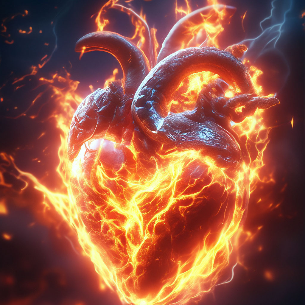 Пламенное сердце фото "A burning fiery heart spews fiery ." - image created in Shedevrum