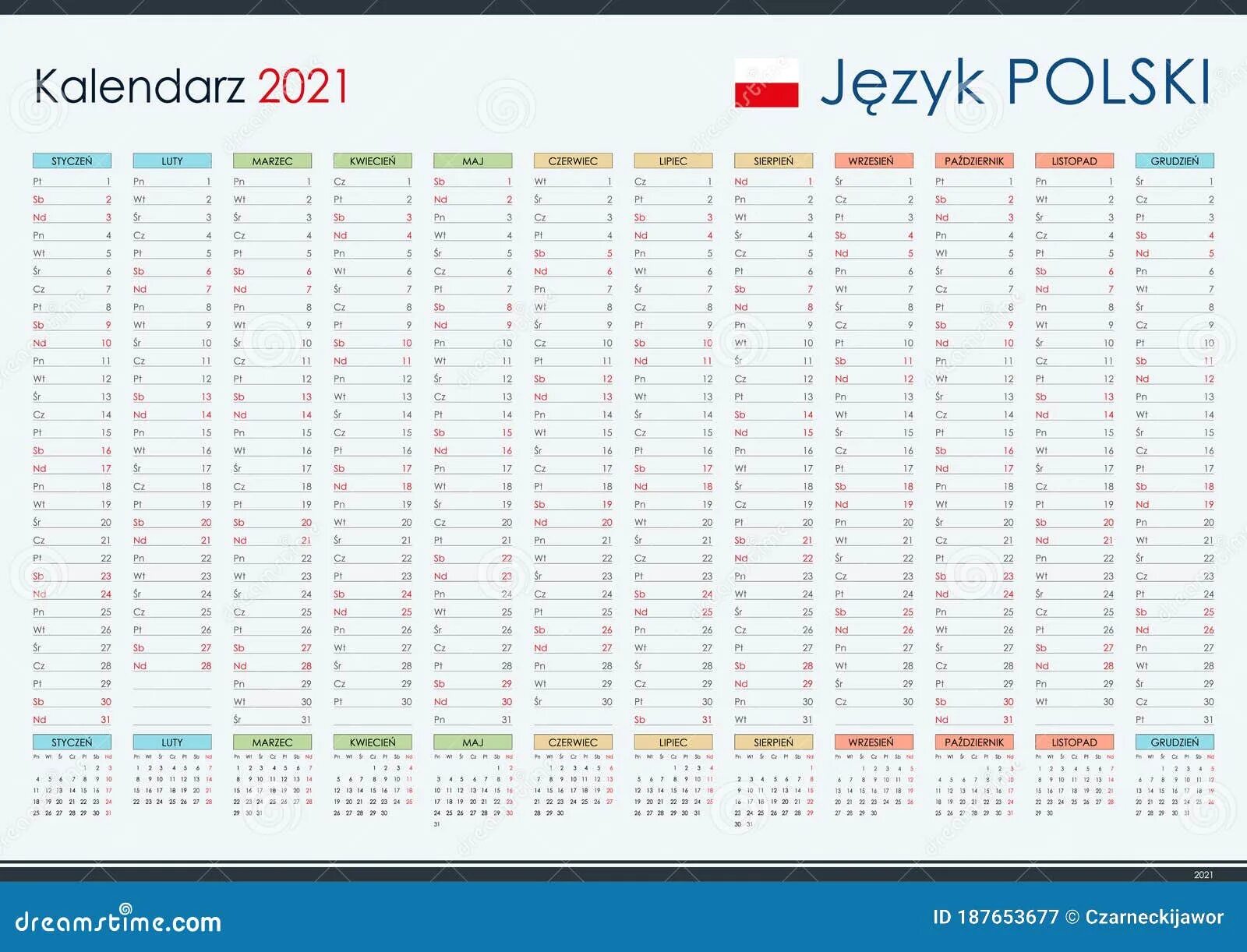 План календарь на год Calendar in Polish for 2021. Year Planner and Organizer. Simple and Legible Layo