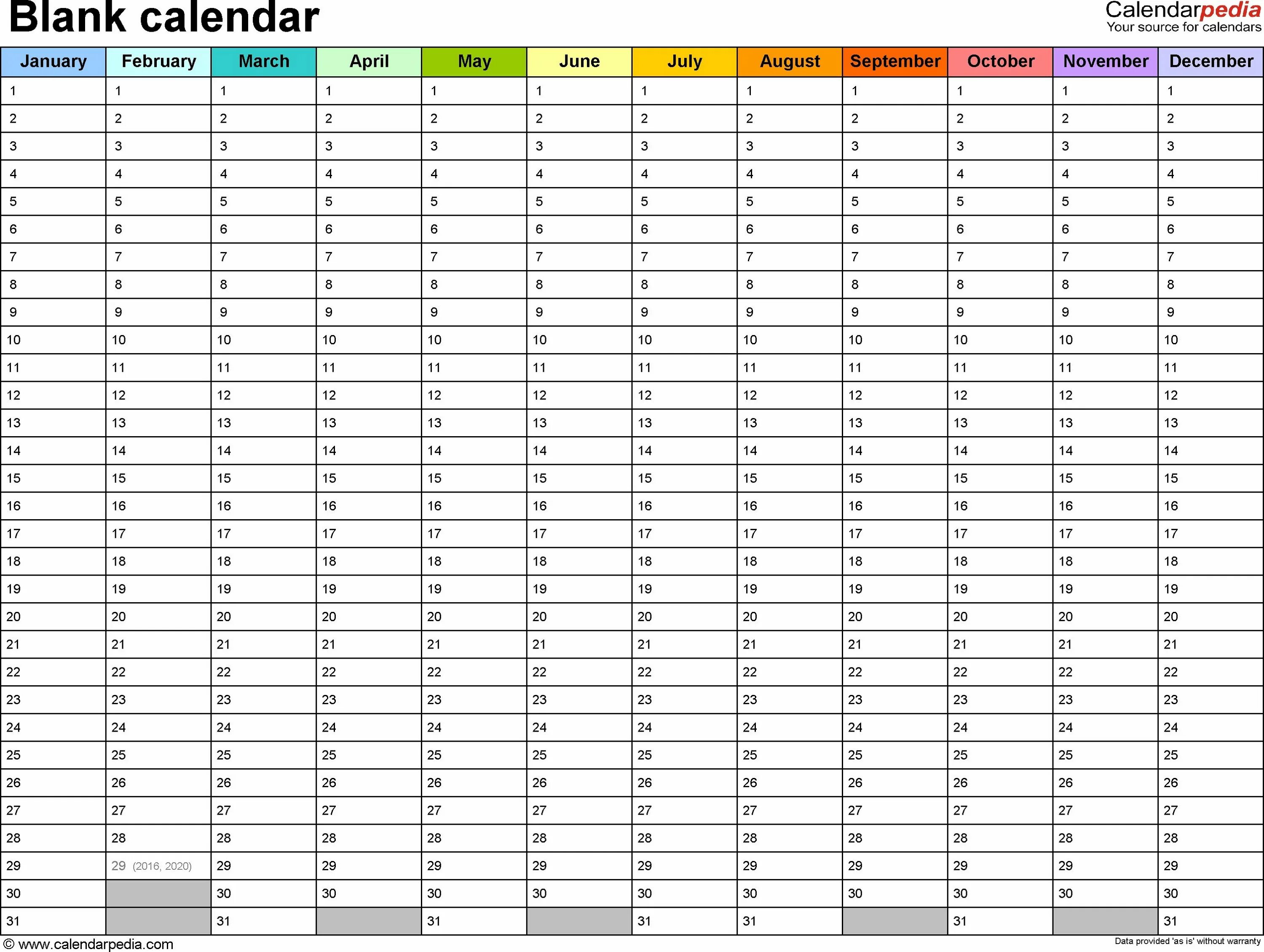 План календарь на год Blank Year At A Glance Calendar Template